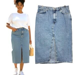 Mango Blue Denim Jeans Midi Skirt Front Slit Sz XXL 5 Pockets Coastal Festival